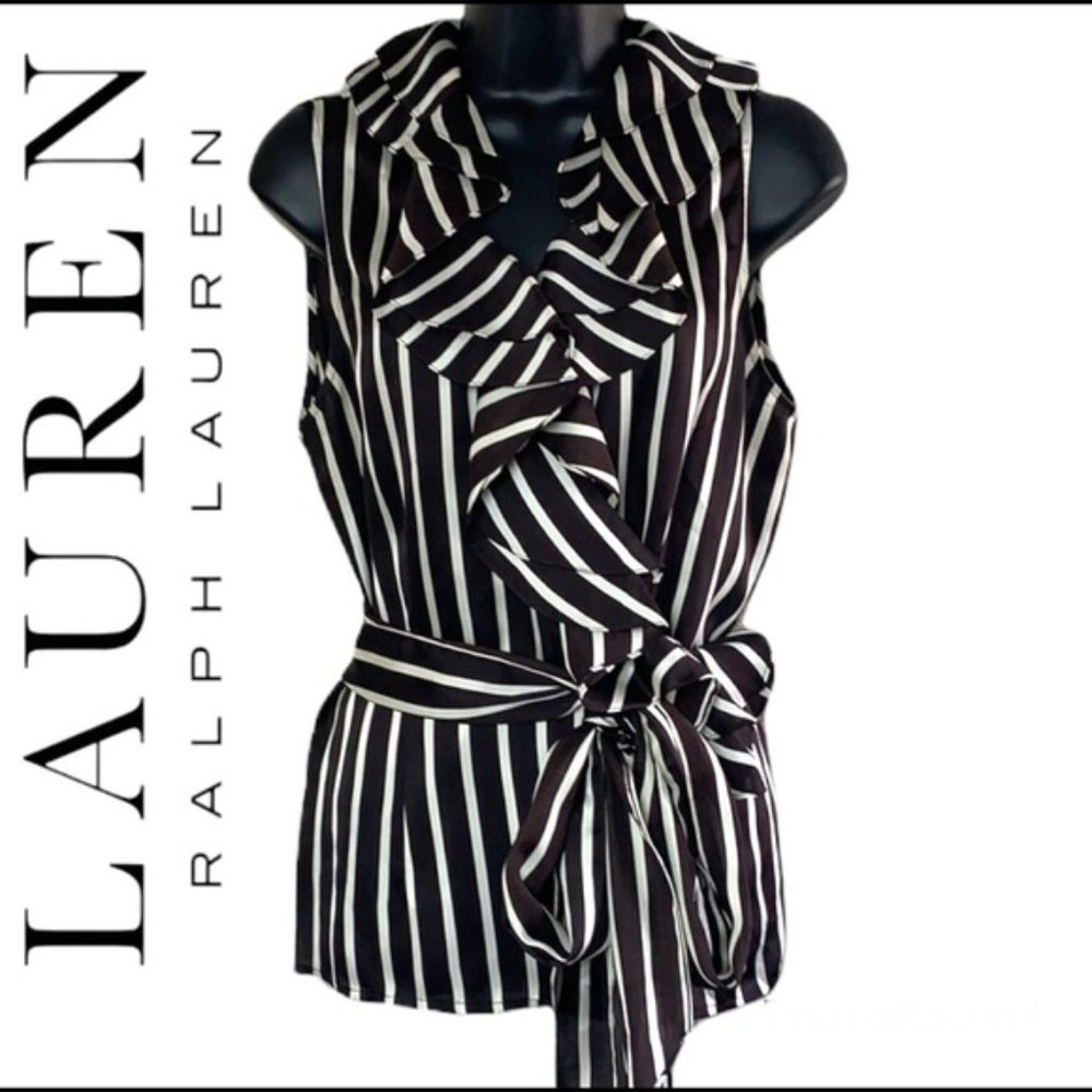 Ralph Lauren brown/white striped ruffle blouse size L